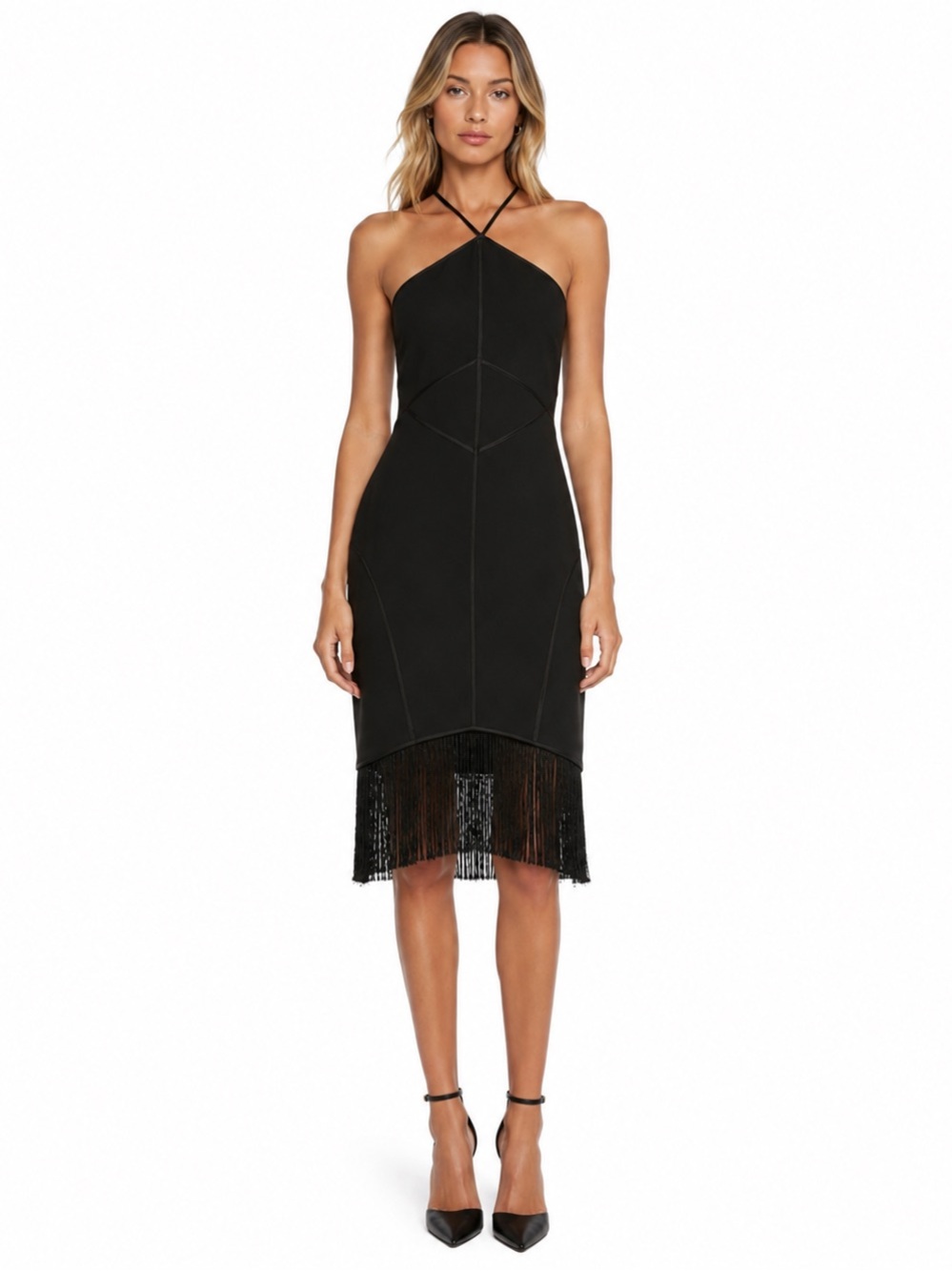 Cinq à Sept Bryn Midi Dress Black Fringe Hem Halter Bodycon Cocktail Dress Sz 0